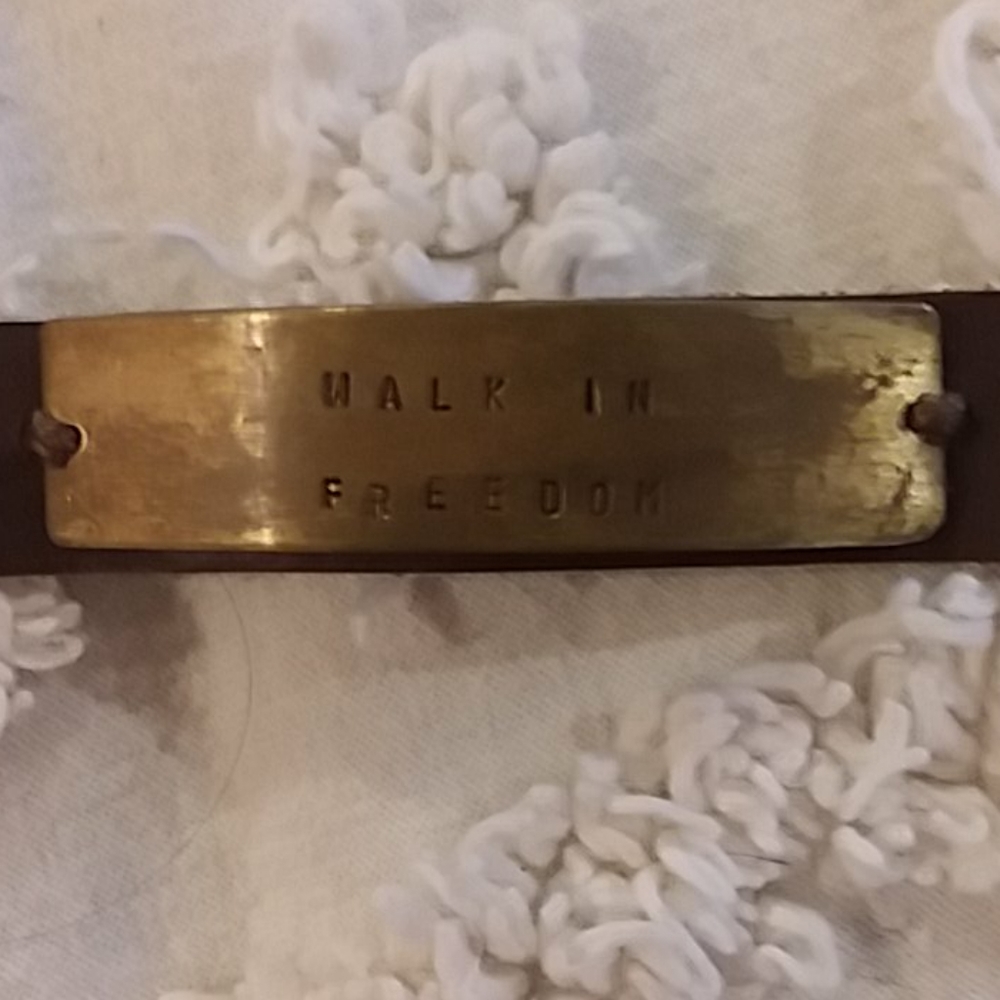 Leather and brass "walk in freedom" bracelet 8-8.5